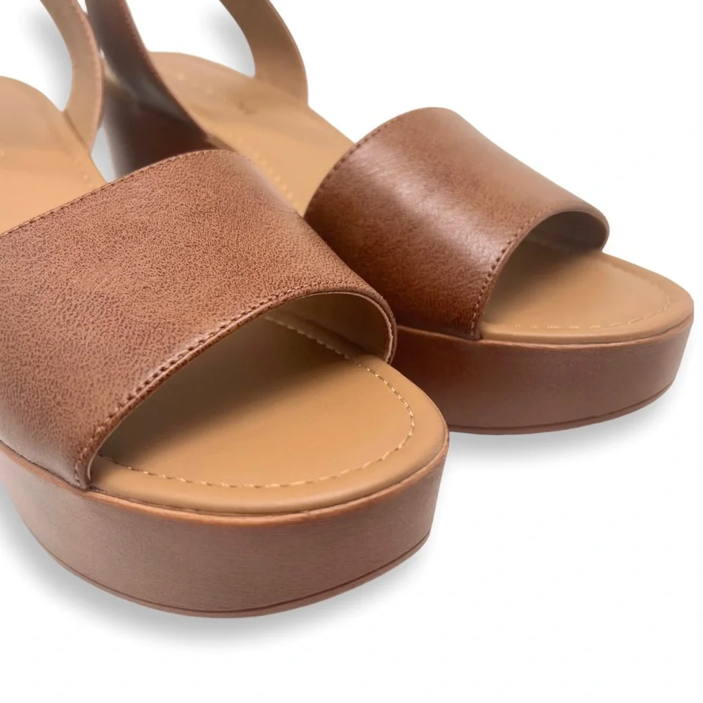 Sun + Stone Audreey Platform Wedge Ankle Strap Sandal Cognac Size 9.5